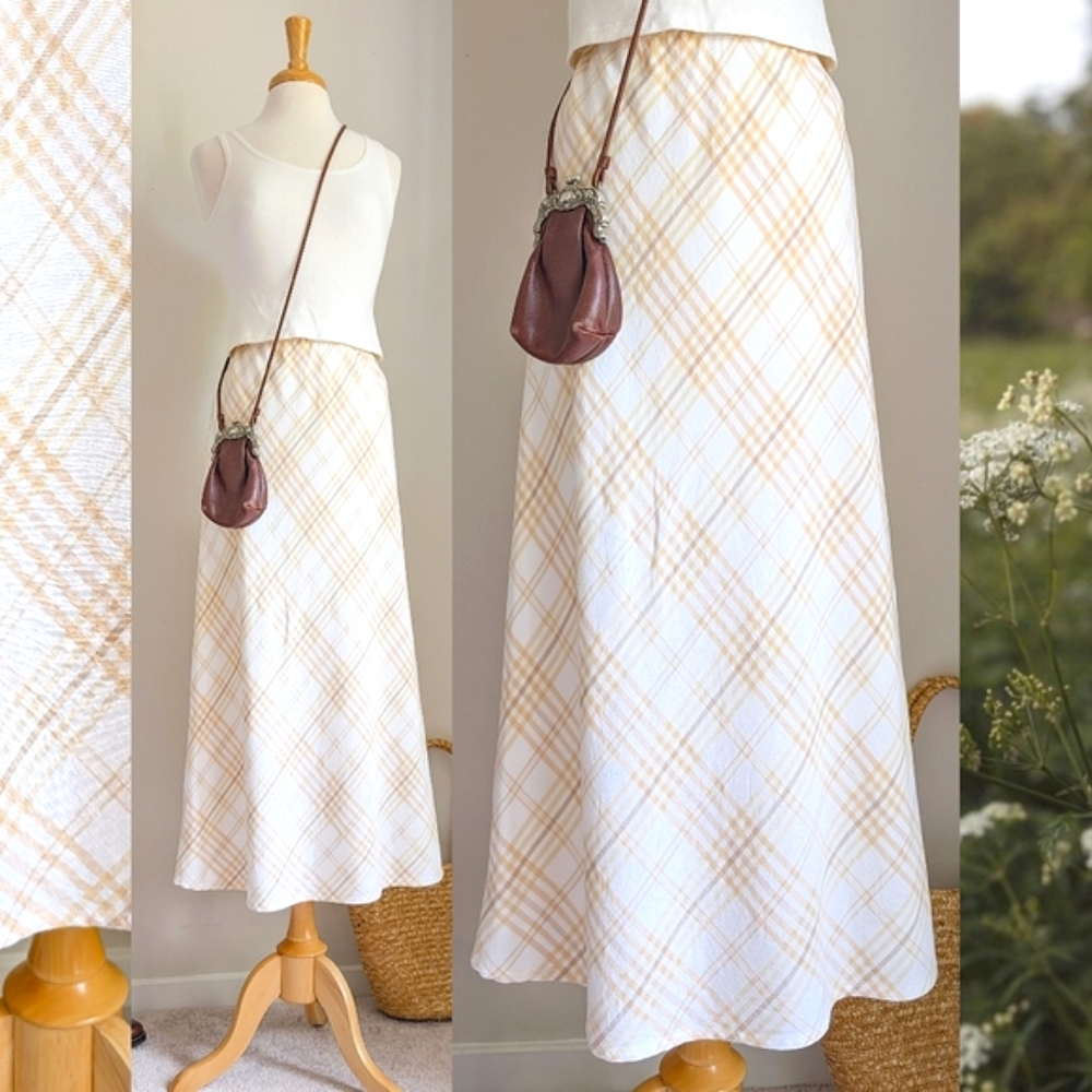 90s Linen Plaid High Waisted Bias Cut 1990s Vintage Minimal Feminine Maxi Skirt